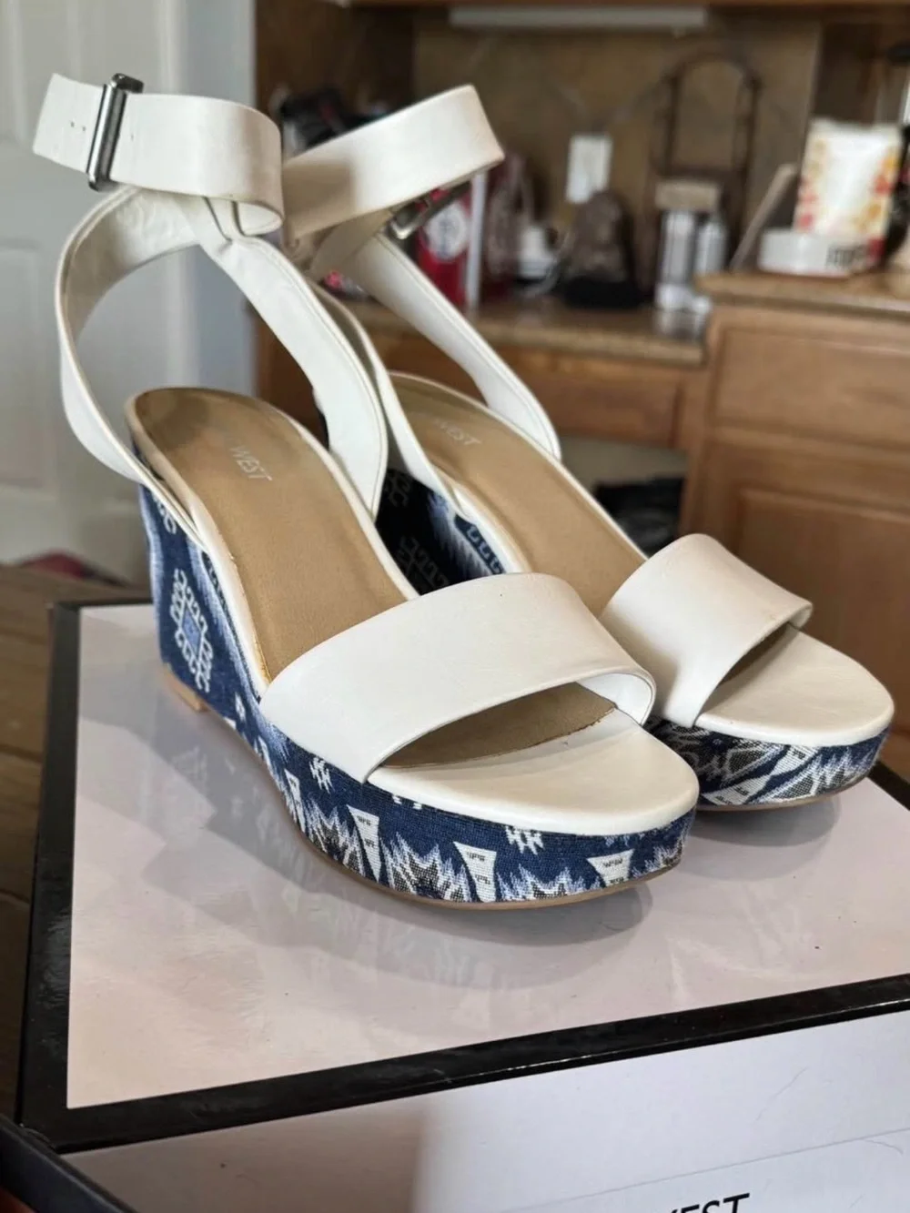 Nine West White Ankle-Strap Wedges with Navy Aztec-Print Heel